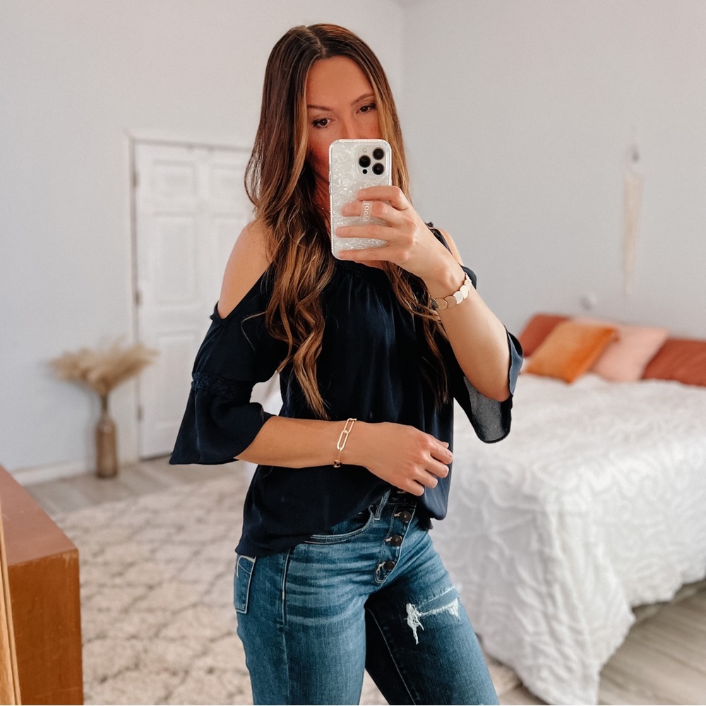 Charming Charlie Navy Blue Cold Shoulder Bell Sleeve Top • Size Small